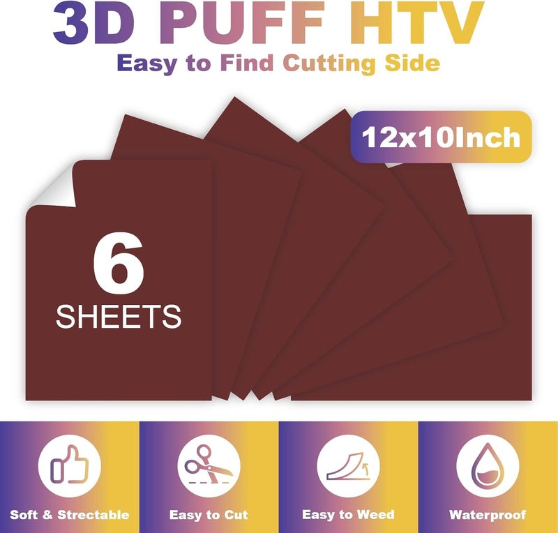 HTVJOYDO 6Pcs Puff Vinyl Heat Transfer, 12x10Inch Fuchsia Pink 3D Puff HTV, DIY Iron-on Vinyl for T-Shirts, Easy to Cut and Weed, Compatible with Cricut or Cameo (6 Burgundy Puff) - Image 4
